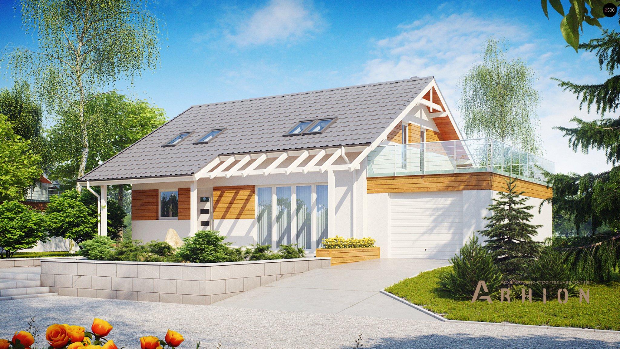 1. Проект одноэтажного дома в современном стиле с двускатной кровлей, Z36, площадью - 186 кв c мансардой, терассой, гаражом