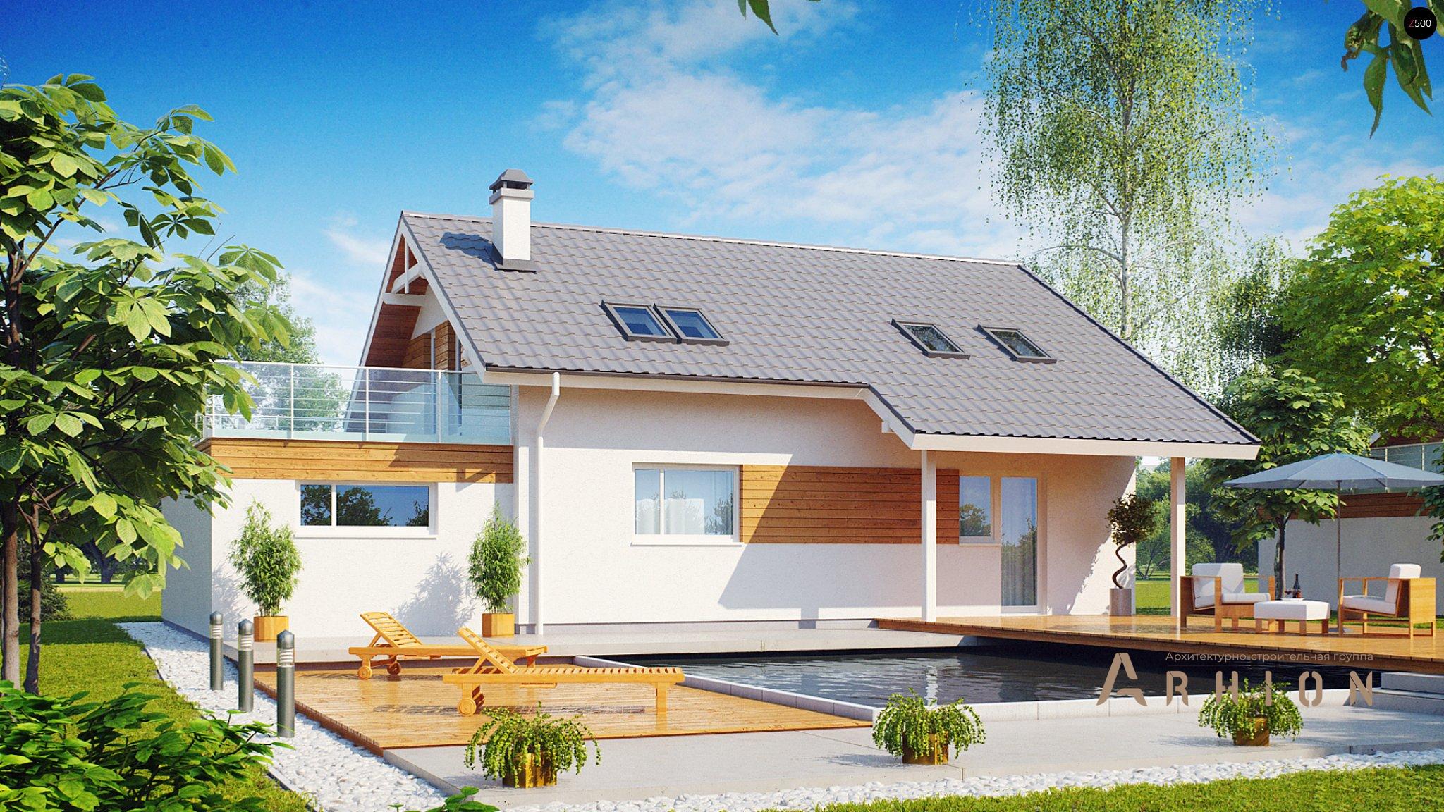 2. Проект одноэтажного дома в современном стиле с двускатной кровлей, Z36, площадью - 186 кв c мансардой, терассой, гаражом