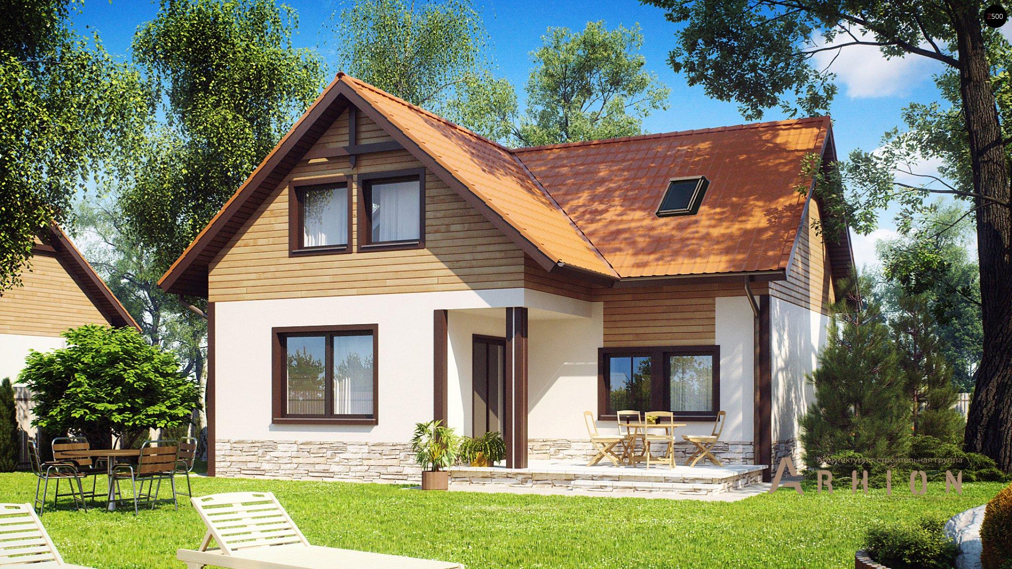 1. Проект одноэтажного дома в европейском стиле с двускатной кровлей, Z37, площадью - 143 кв c мансардой, терассой, балконом