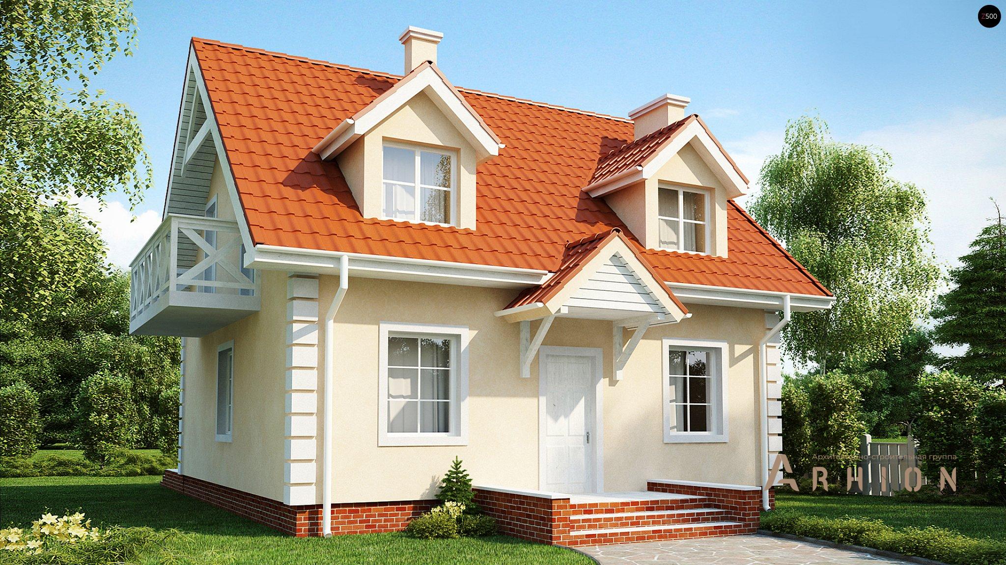 1. Проект одноэтажного дома в американском стиле с двускатной кровлей, Z4, площадью - 110 кв c мансардой, терассой, балконом