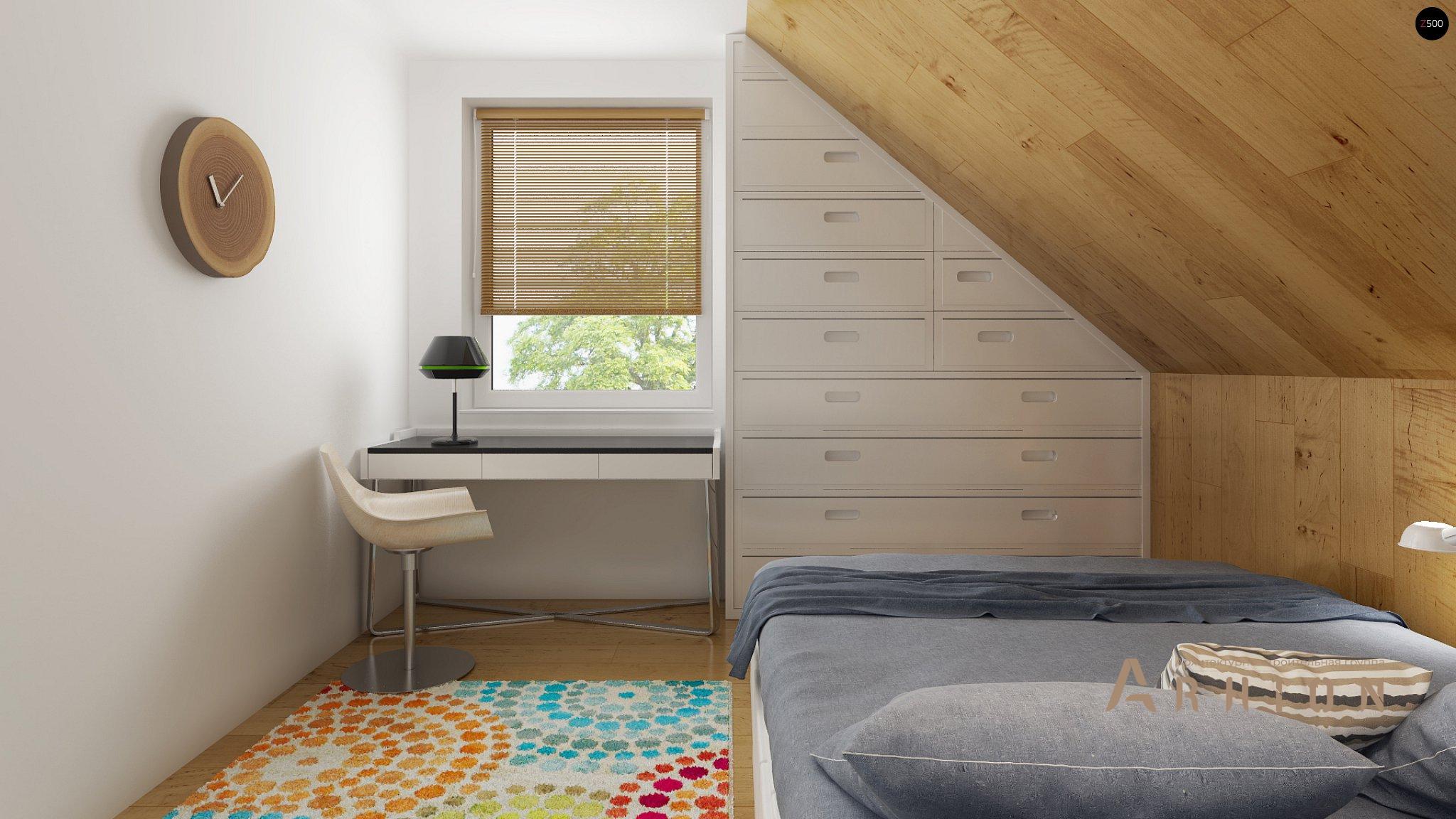 7. Проект одноэтажного дома в европейском стиле с двускатной кровлей, Z43, площадью - 139 кв c мансардой, терассой, балконом, гаражом, эркером