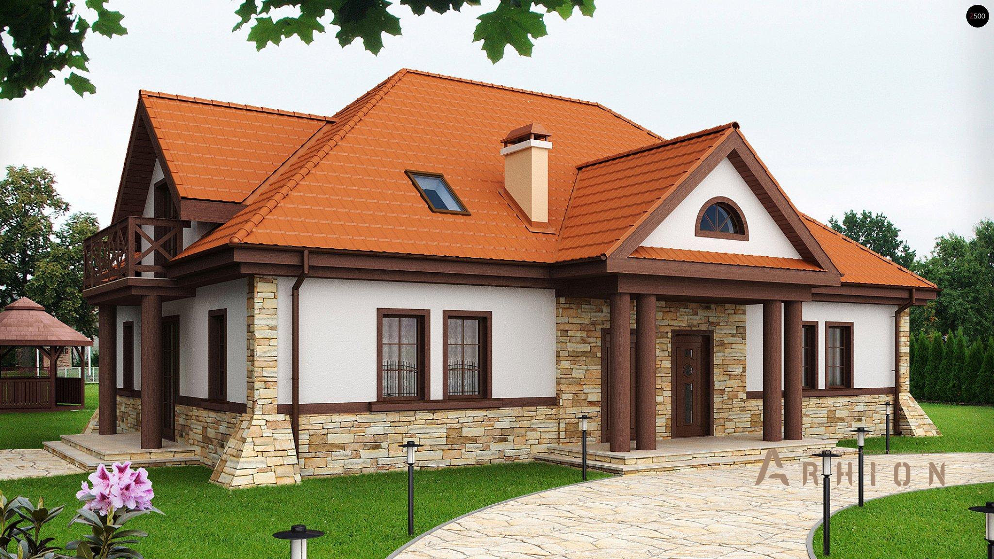 1. Проект одноэтажного дома в европейском стиле с четырехскатной, Z46, площадью - 243 кв c мансардой, балконом