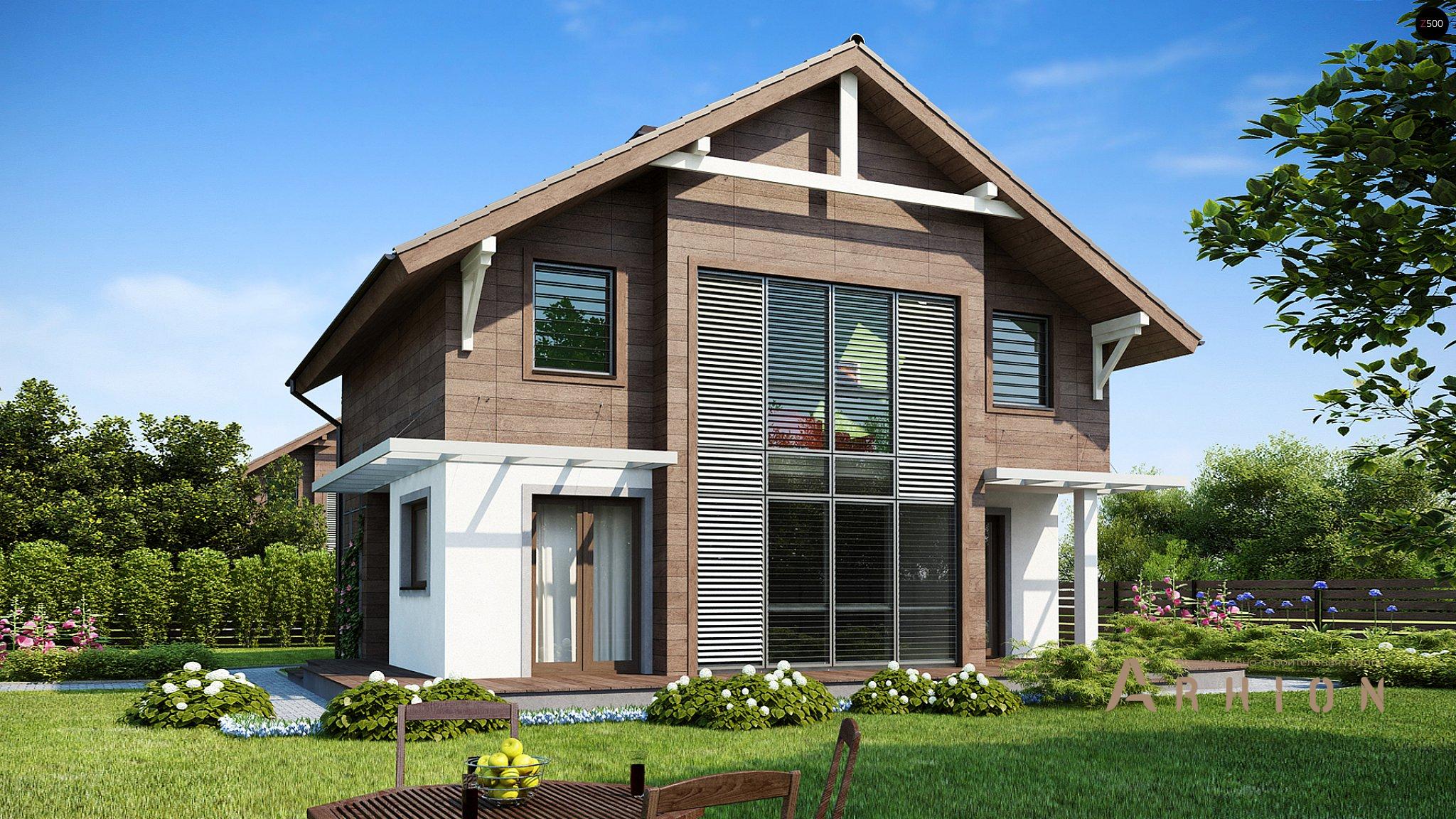 1. Проект одноэтажного дома в канадском стиле с двускатной кровлей, Z47, площадью - 122 кв c мансардой, терассой, балконом, эркером