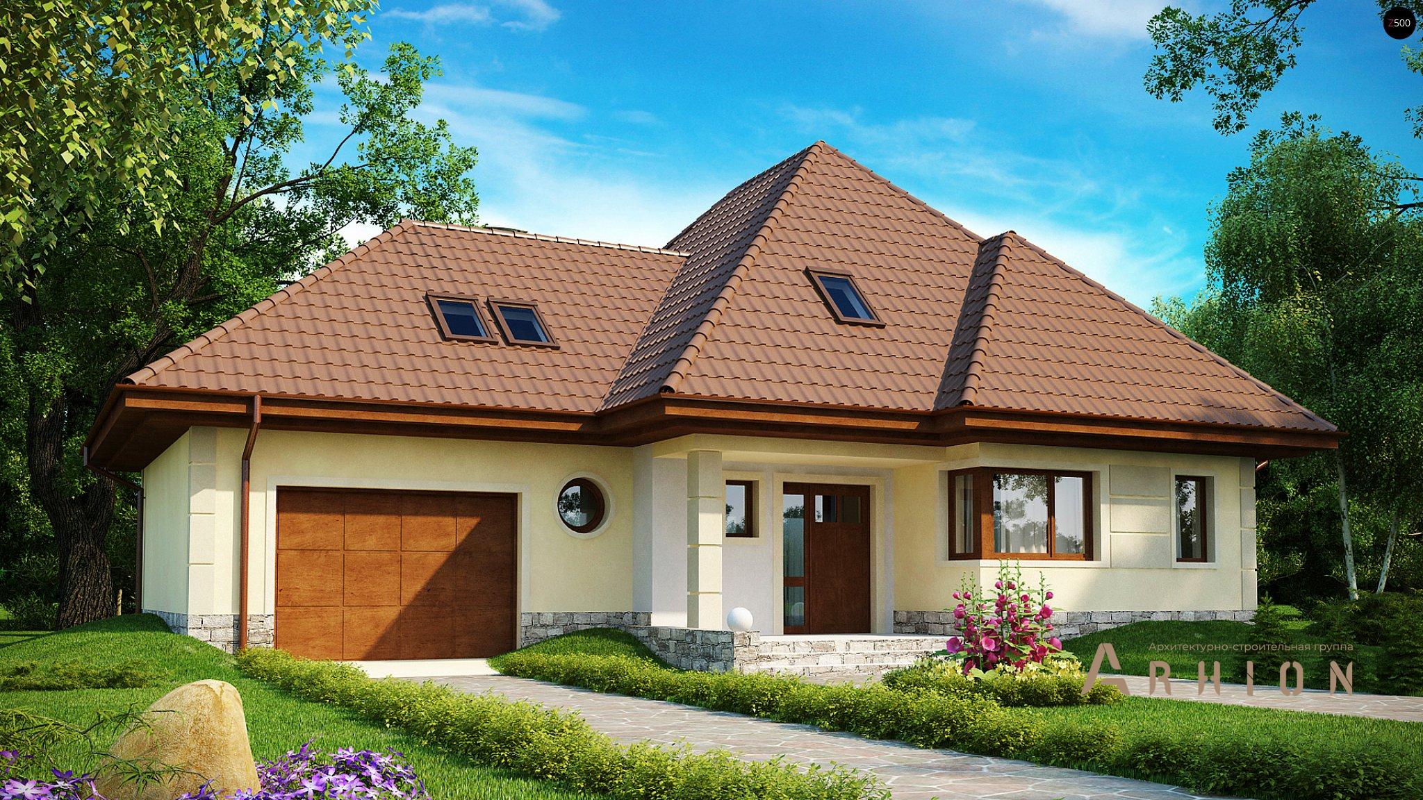 1. Проект одноэтажного дома в современном стиле с четырехскатной, Z48, площадью - 256 кв c мансардой, терассой, гаражом, эркером