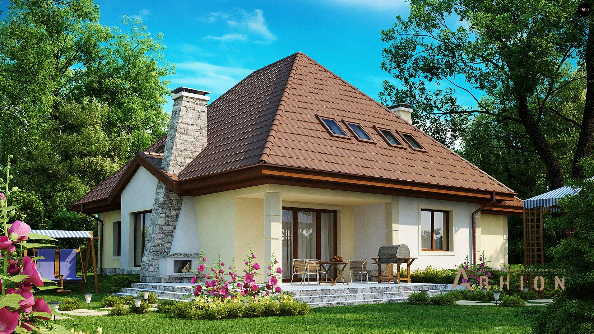 2. Проект одноэтажного дома в современном стиле с четырехскатной, Z48, площадью - 256 кв c мансардой, терассой, гаражом, эркером