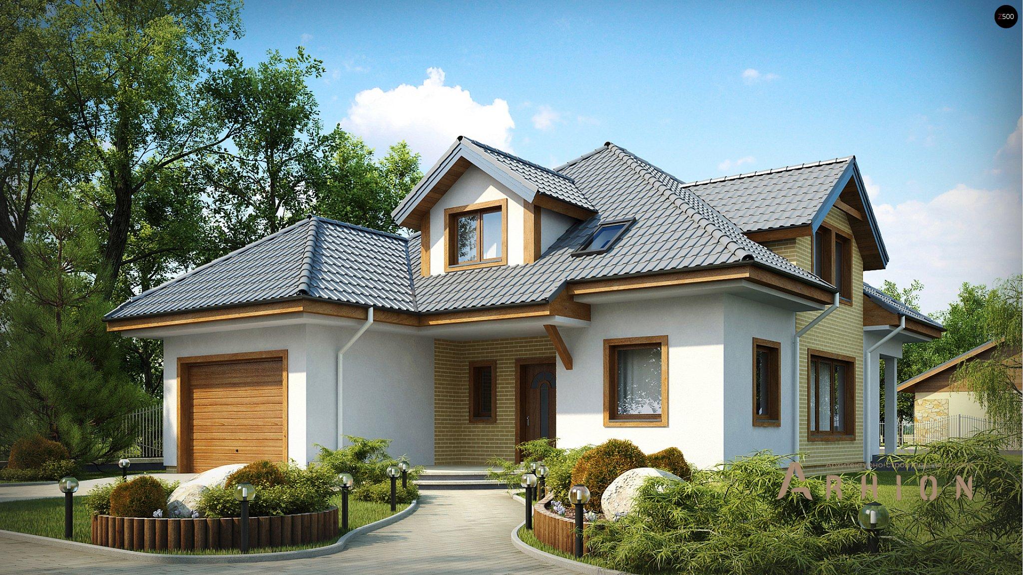 1. Проект одноэтажного дома в альпийском стиле с многоскатной кровлей, Z49, площадью - 216 кв c мансардой, терассой, гаражом