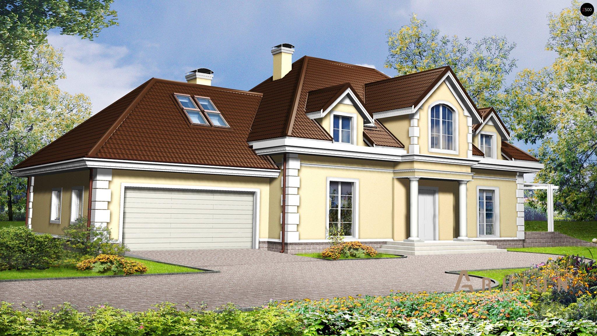 1. Проект одноэтажного дома в американском стиле с четырехскатной, Z50, площадью - 339 кв c мансардой, терассой, балконом, гаражом, эркером