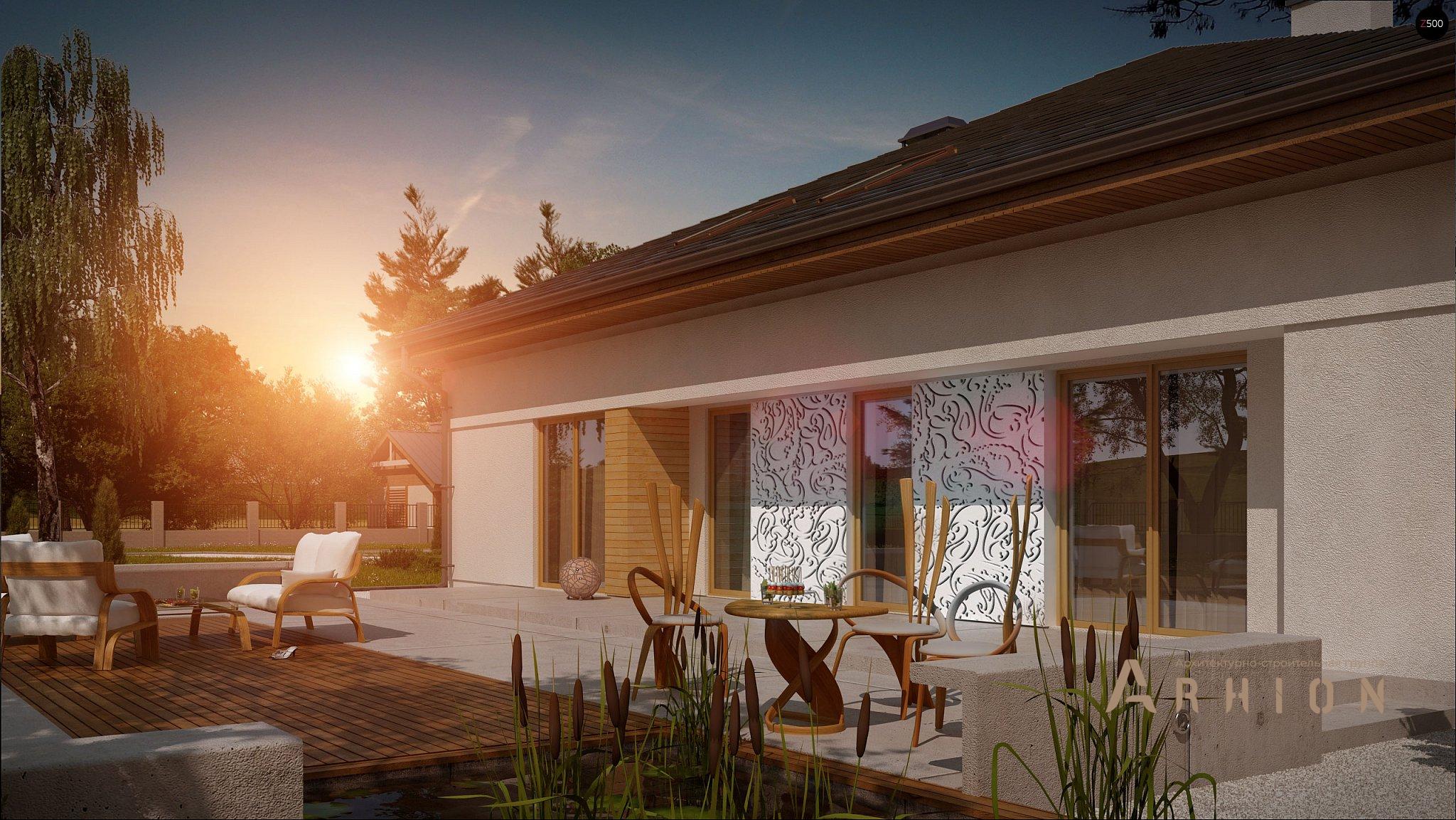 3. Проект одноэтажного дома в современном стиле с четырехскатной, Z51, площадью - 401 кв c мансардой, терассой, гаражом