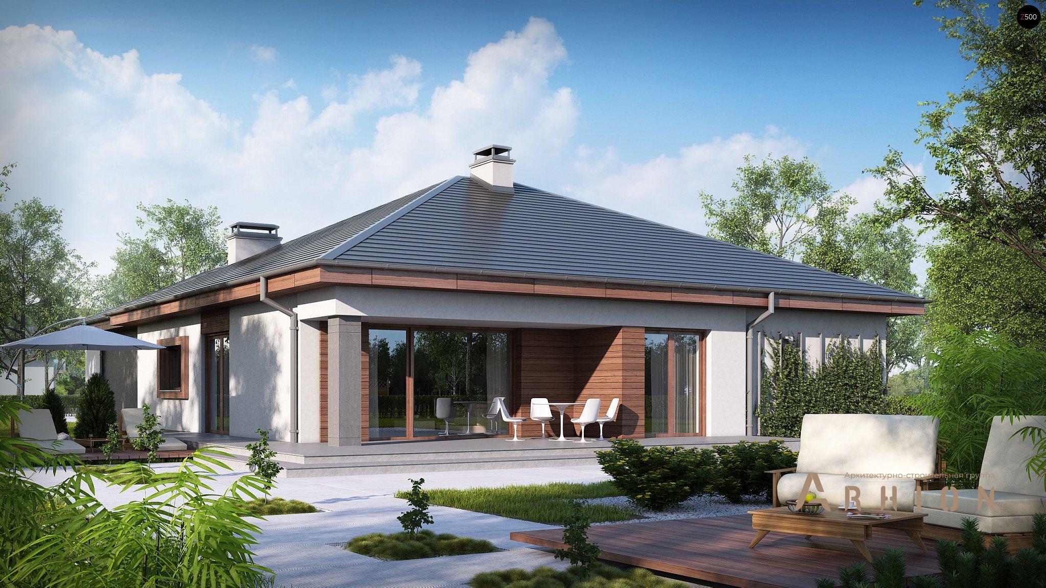 1. Проект одноэтажного дома в современном стиле с четырехскатной, Z52, площадью - 196 кв c терассой, гаражом