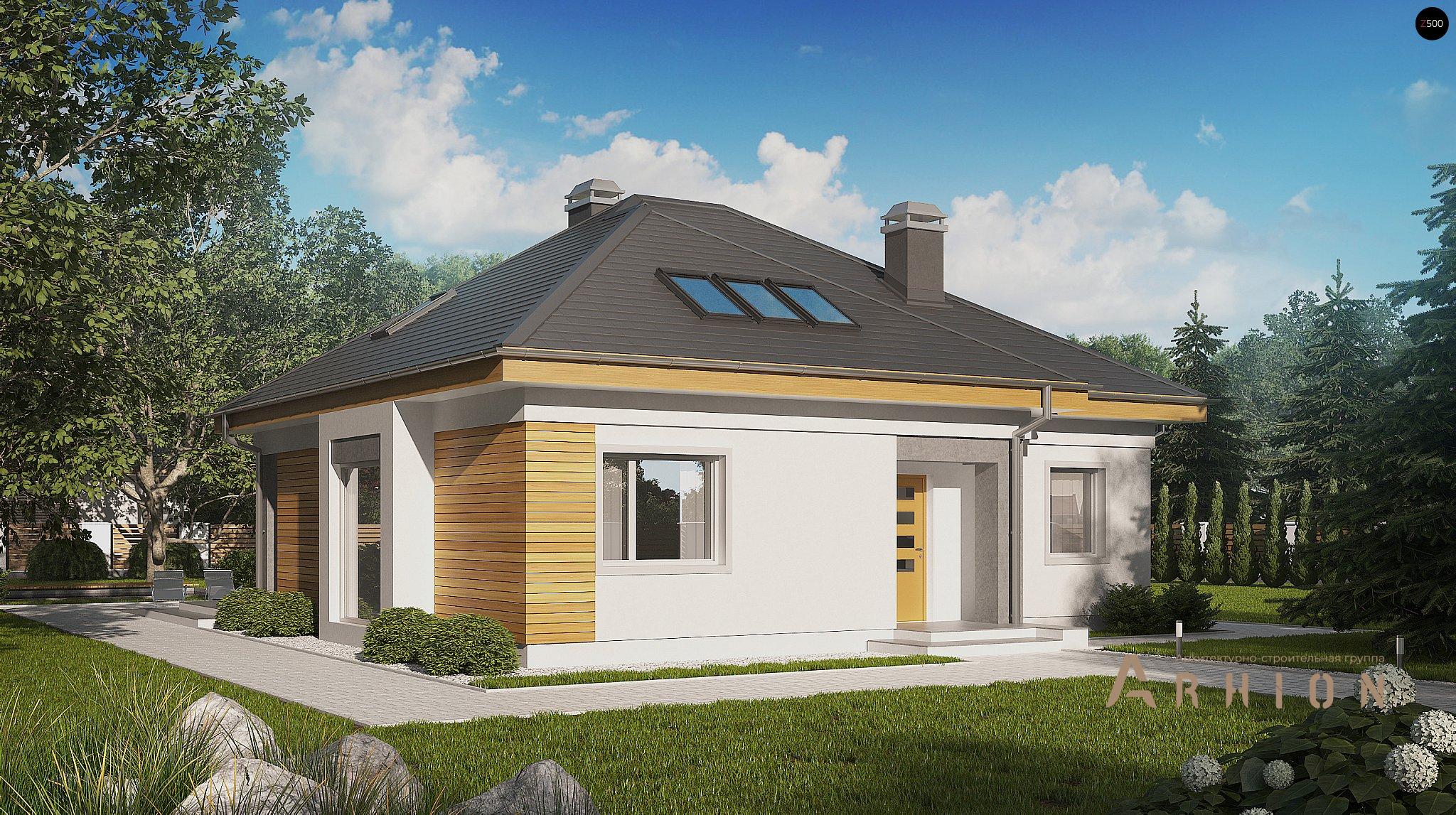 1. Проект одноэтажного дома в современном стиле с четырехскатной, Z54, площадью - 134 кв c мансардой, терассой, эркером