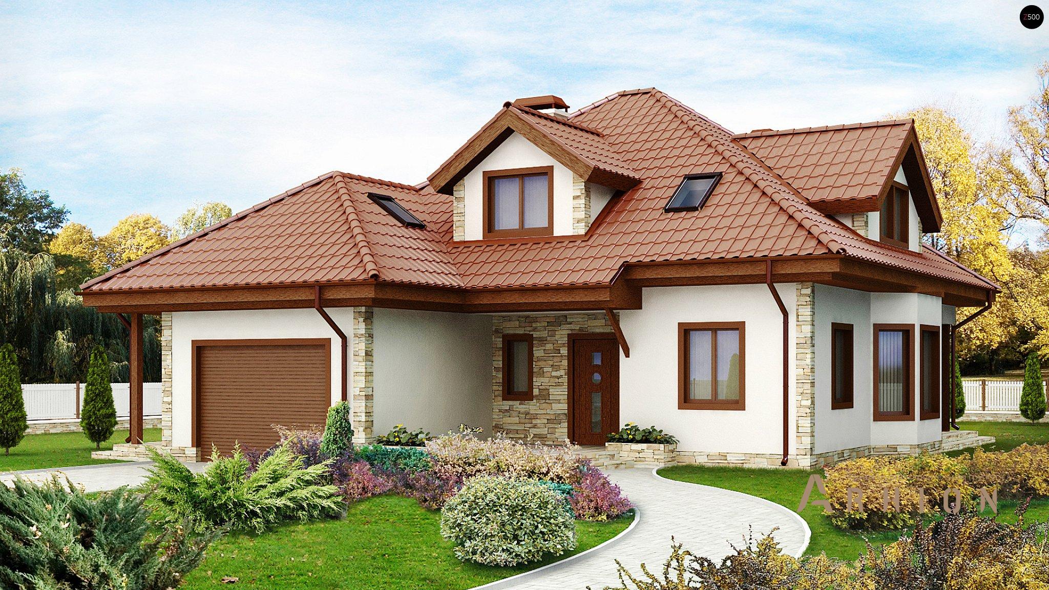 1. Проект одноэтажного дома в европейском стиле с многоскатной кровлей, Z58, площадью - 242 кв c мансардой, терассой, гаражом, эркером