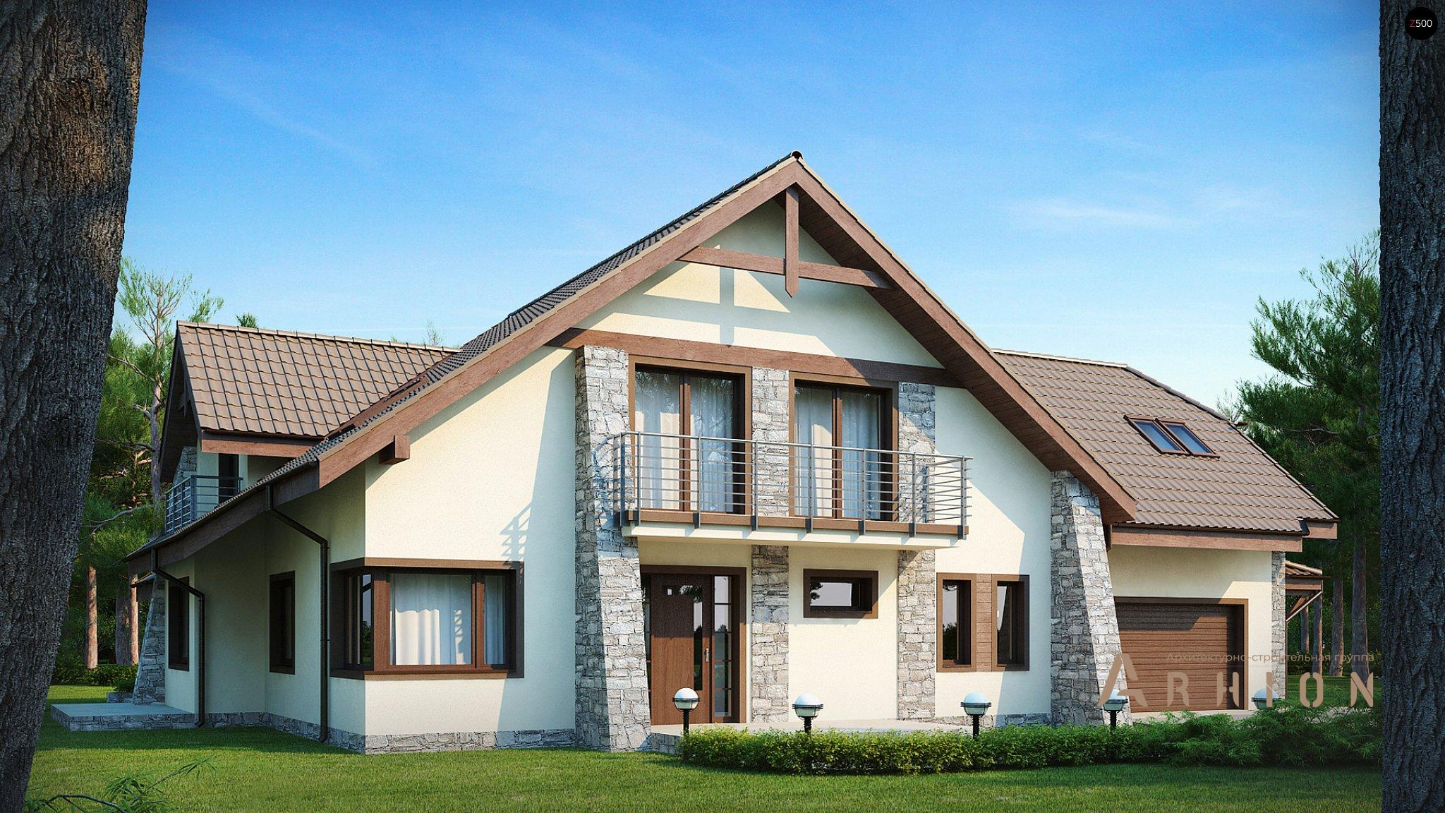 1. Проект одноэтажного дома в европейском стиле с двускатной кровлей, Z59, площадью - 347 кв c мансардой, терассой, балконом, гаражом, эркером