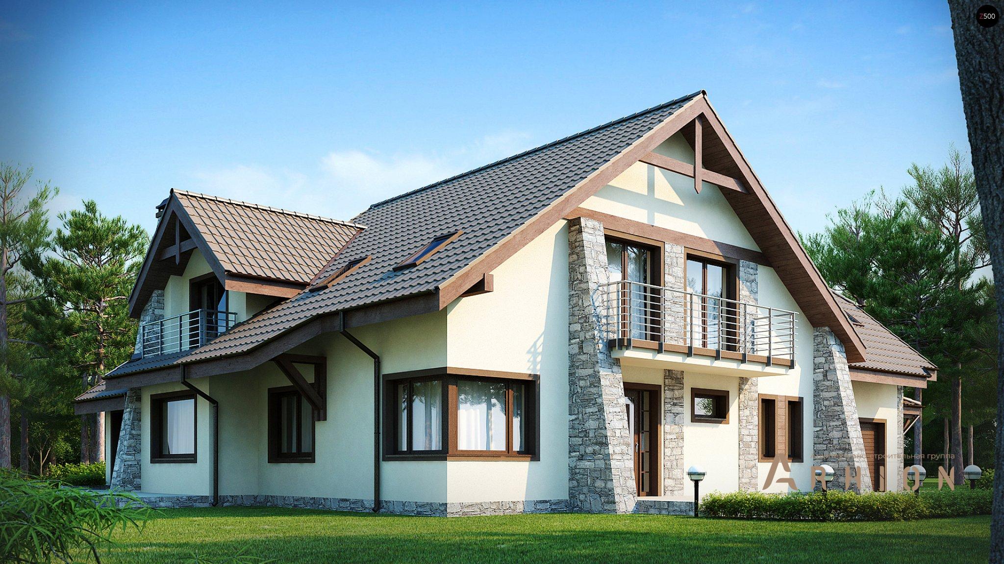 2. Проект одноэтажного дома в европейском стиле с двускатной кровлей, Z59, площадью - 347 кв c мансардой, терассой, балконом, гаражом, эркером