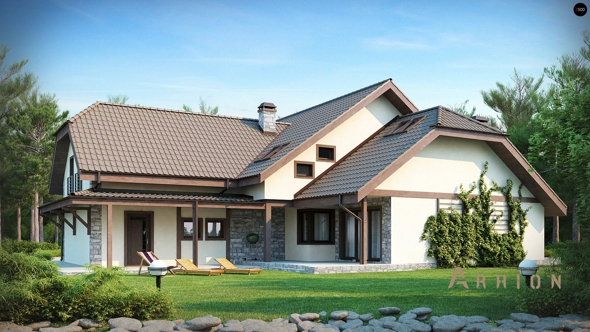 3. Проект одноэтажного дома в европейском стиле с двускатной кровлей, Z59, площадью - 347 кв c мансардой, терассой, балконом, гаражом, эркером