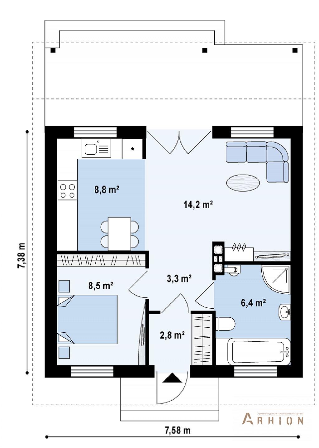 2. Проект одноэтажного дома в современном стиле с плоской кровлей , Z60, площадью - 44 кв