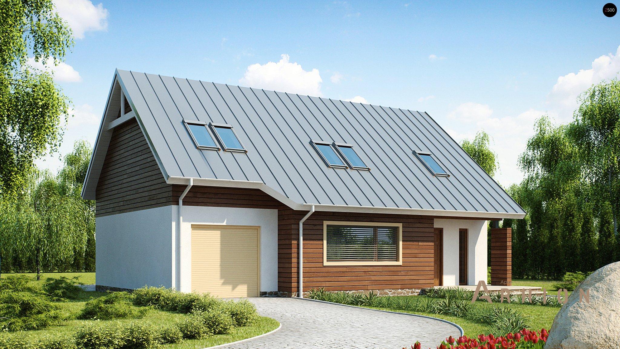 1. Проект одноэтажного дома в канадском стиле с двускатной кровлей, Z68, площадью - 188 кв c мансардой, терассой, гаражом