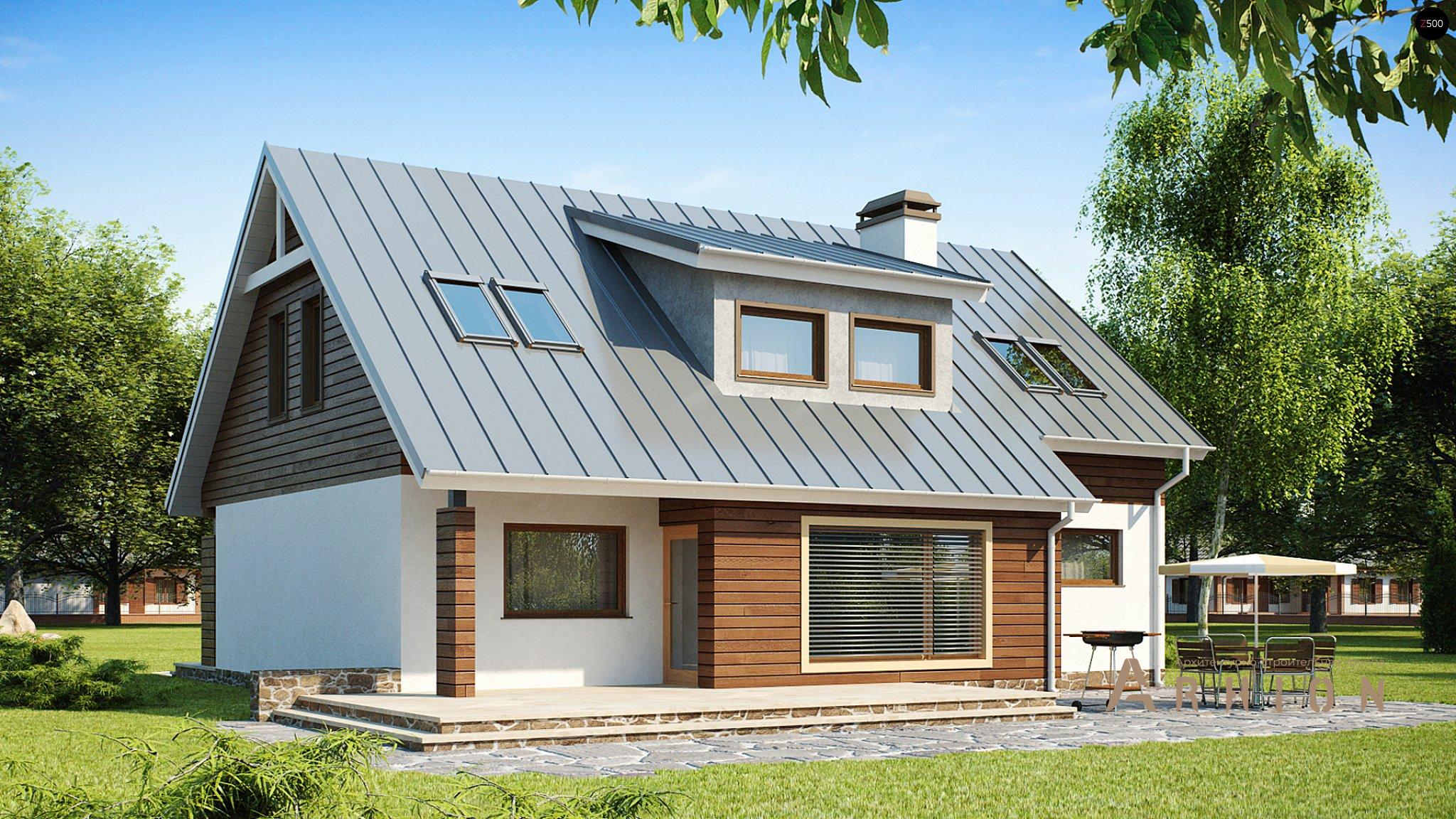 2. Проект одноэтажного дома в канадском стиле с двускатной кровлей, Z68, площадью - 188 кв c мансардой, терассой, гаражом