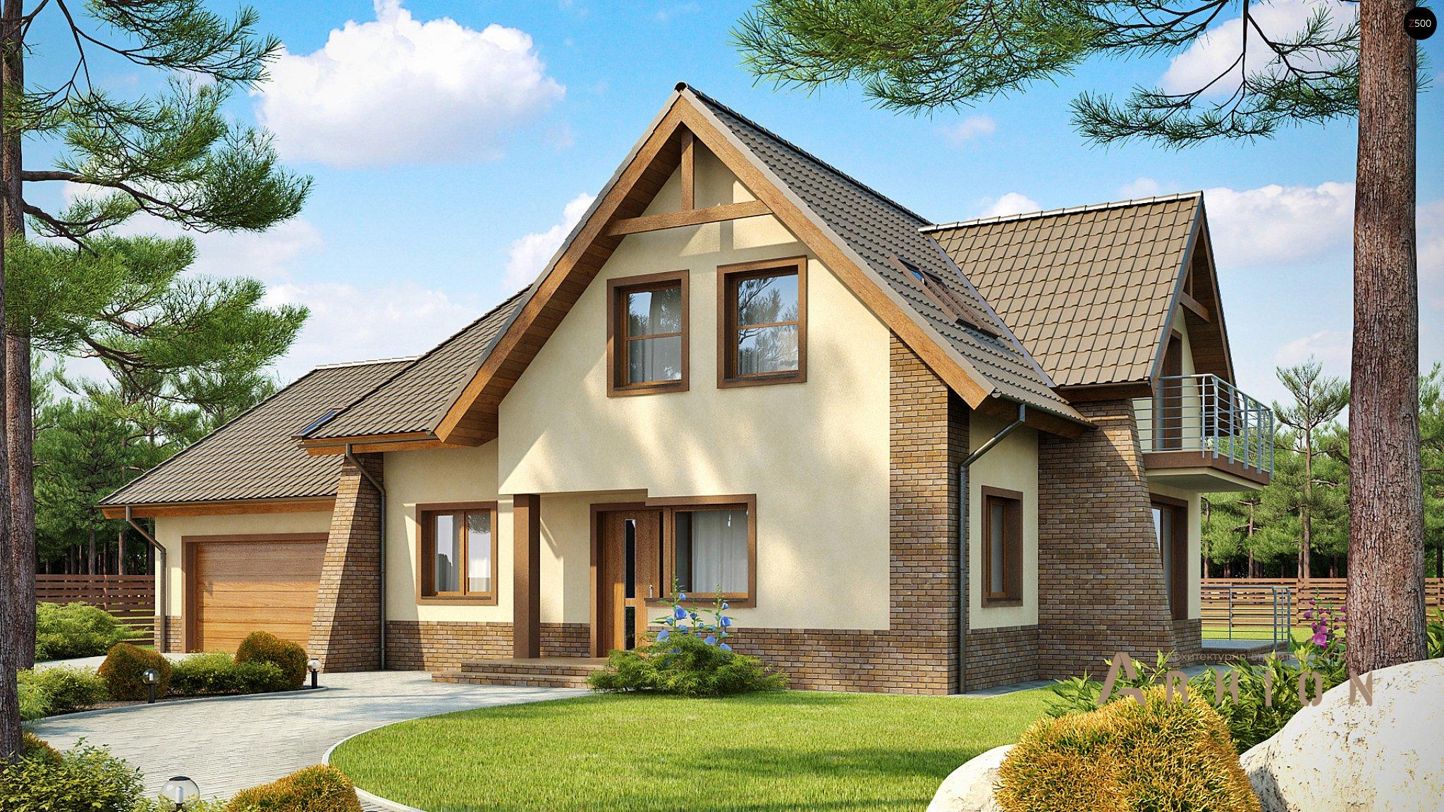 1. Проект одноэтажного дома в альпийском стиле с многоскатной кровлей, Z70, площадью - 283 кв c мансардой, терассой, балконом, гаражом, эркером