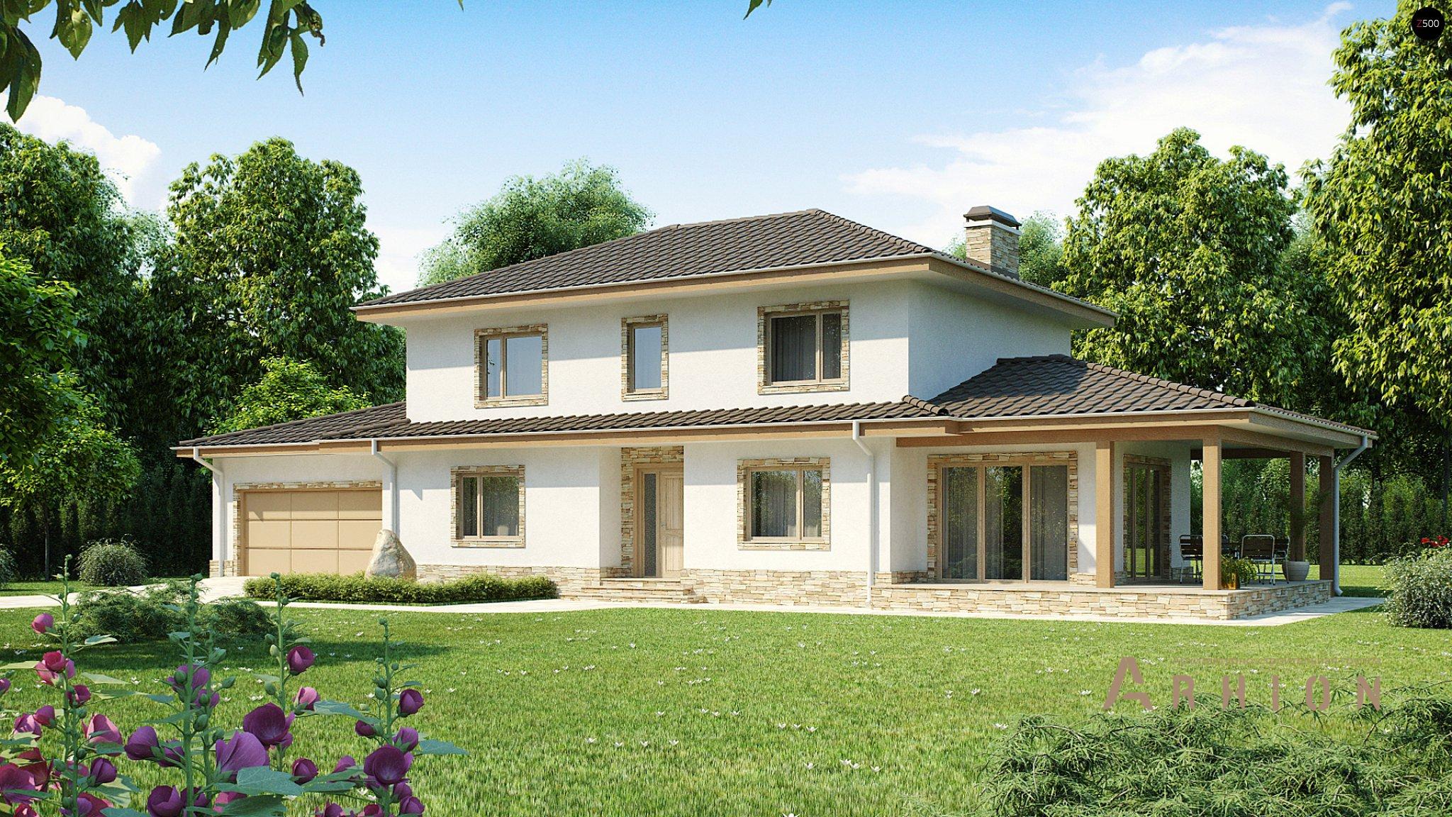 1. Проект двухэтажного дома в европейском стиле с четырехскатной, Z74, площадью - 258 кв c терассой, гаражом