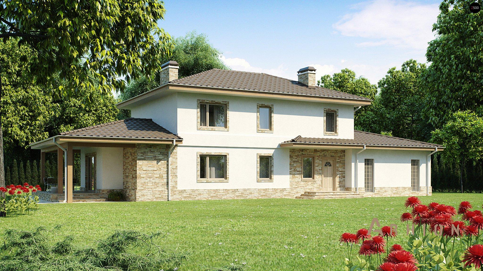 2. Проект двухэтажного дома в европейском стиле с четырехскатной, Z74, площадью - 258 кв c терассой, гаражом