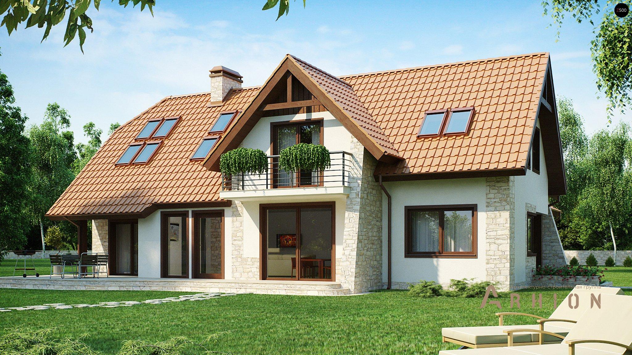 2. Проект одноэтажного дома в современном стиле с двускатной кровлей, Z76, площадью - 370 кв c мансардой, терассой, балконом, гаражом