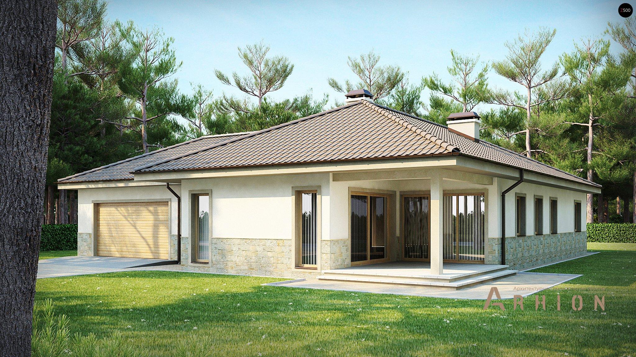 1. Проект одноэтажного дома в современном стиле с четырехскатной, Z80, площадью - 198 кв c терассой, гаражом