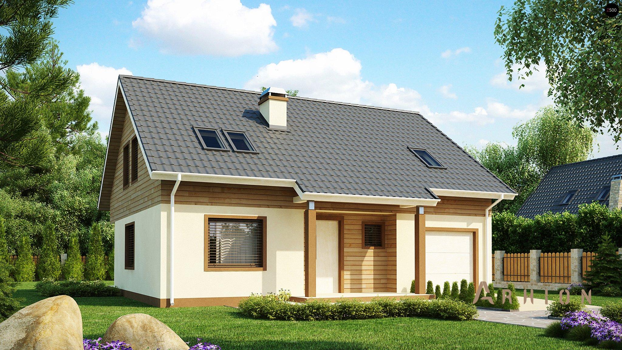 1. Проект одноэтажного дома в современном стиле с двускатной кровлей, Z88, площадью - 197 кв c мансардой, терассой, гаражом