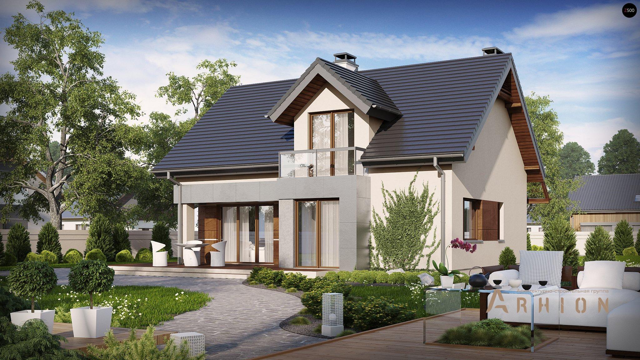 1. Проект одноэтажного дома в европейском стиле с двускатной кровлей, Z89, площадью - 139 кв c мансардой, терассой, балконом, эркером