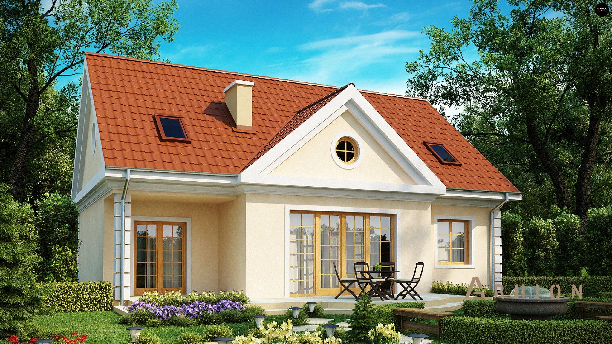 1. Проект одноэтажного дома в европейском стиле с двускатной кровлей, Z9, площадью - 185 кв c мансардой, терассой, эркером