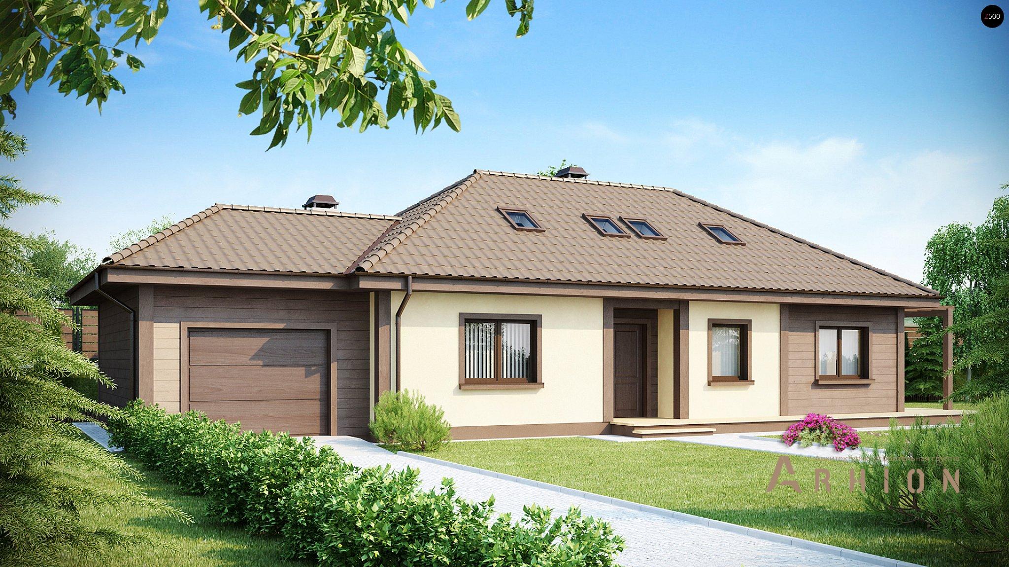 1. Проект одноэтажного дома в современном стиле с четырехскатной, Z90, площадью - 207 кв c мансардой, терассой, гаражом