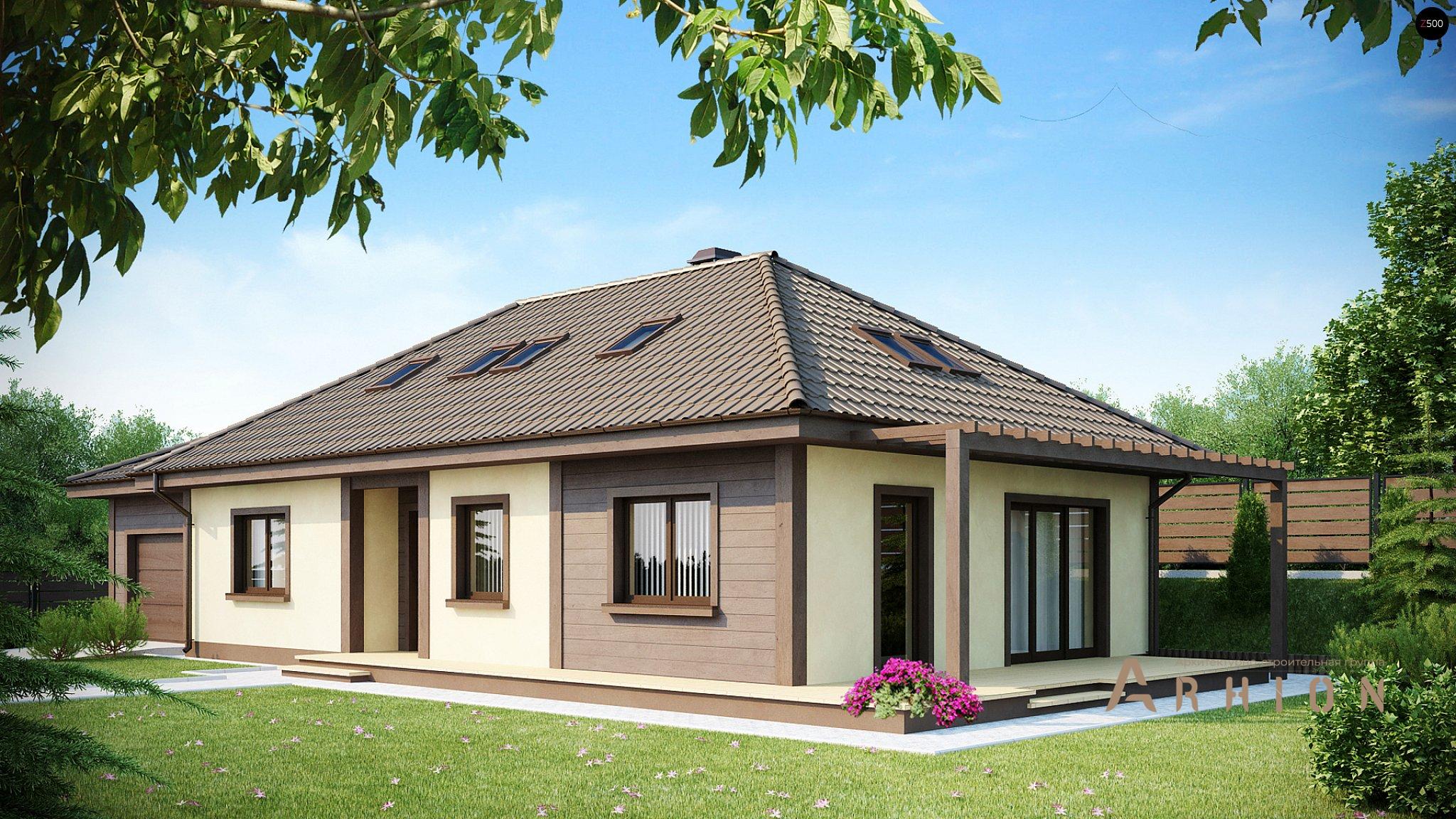 2. Проект одноэтажного дома в современном стиле с четырехскатной, Z90, площадью - 207 кв c мансардой, терассой, гаражом