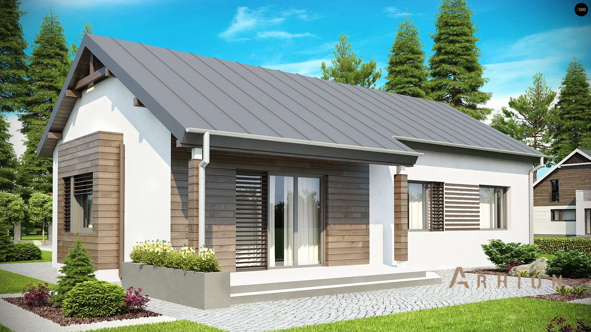 13. Проект одноэтажного дома в европейском стиле с двускатной кровлей, Z93, площадью - 102 кв c терассой, эркером