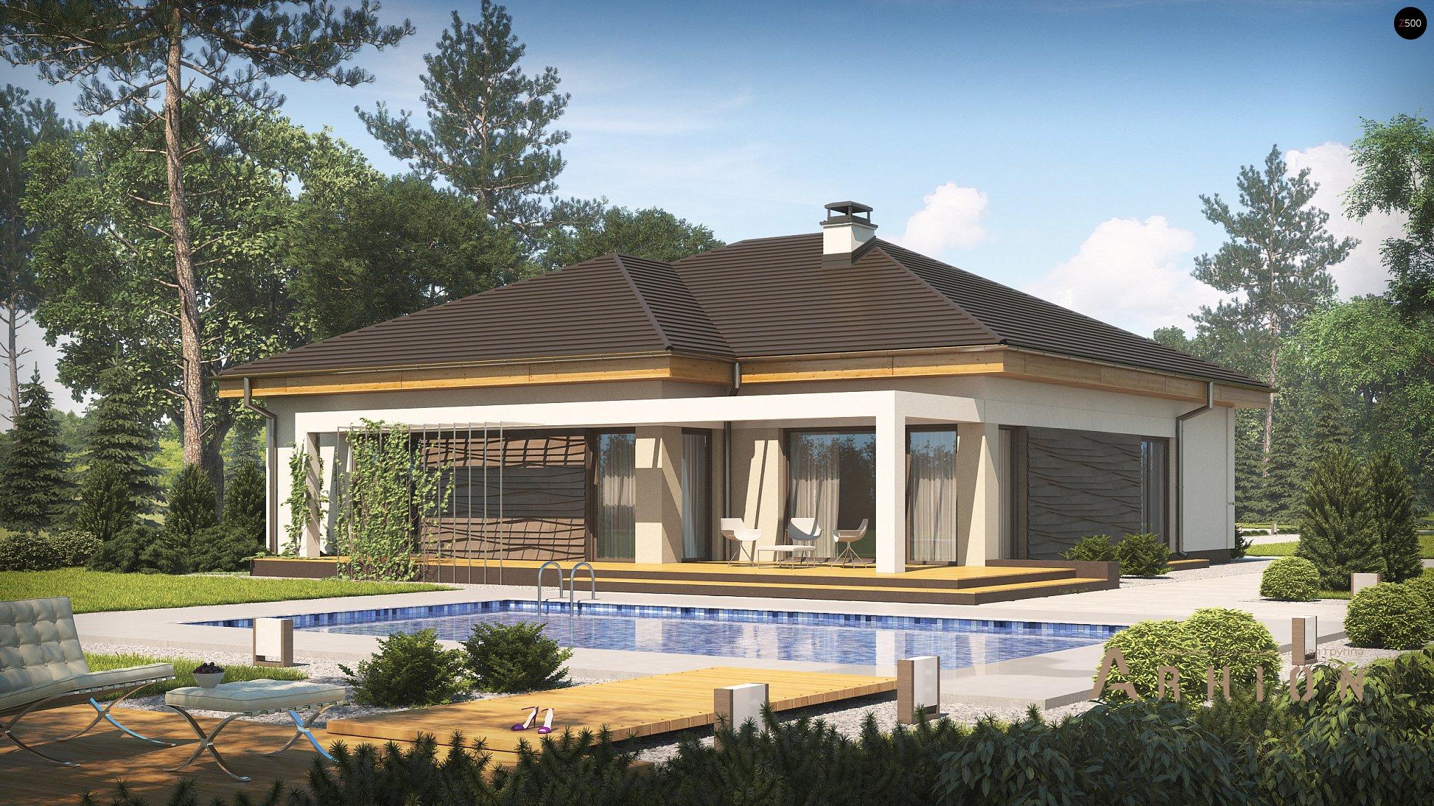 2. Проект одноэтажного дома в современном стиле с четырехскатной, Z96, площадью - 165 кв c терассой, гаражом