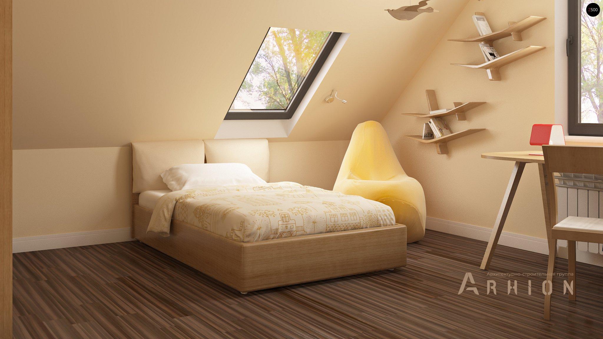 7. Проект одноэтажного дома в европейском стиле с двускатной кровлей, Z99, площадью - 127 кв c мансардой, терассой, балконом, эркером