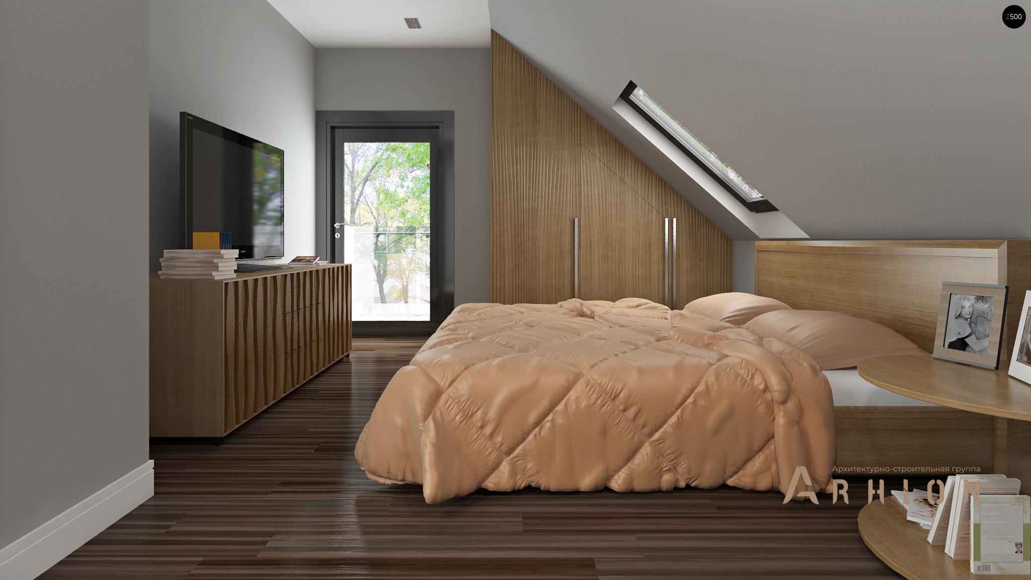 10. Проект одноэтажного дома в европейском стиле с двускатной кровлей, Z99, площадью - 127 кв c мансардой, терассой, балконом, эркером