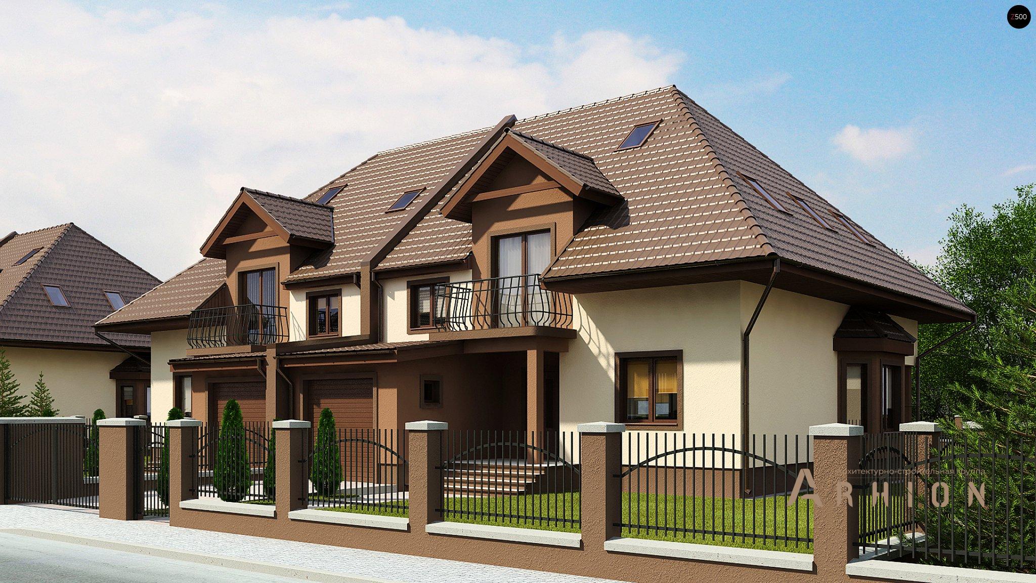 1. Проект одноэтажного дома в современном стиле с четырехскатной, Zb1, площадью - 417 кв c мансардой, балконом, гаражом, эркером