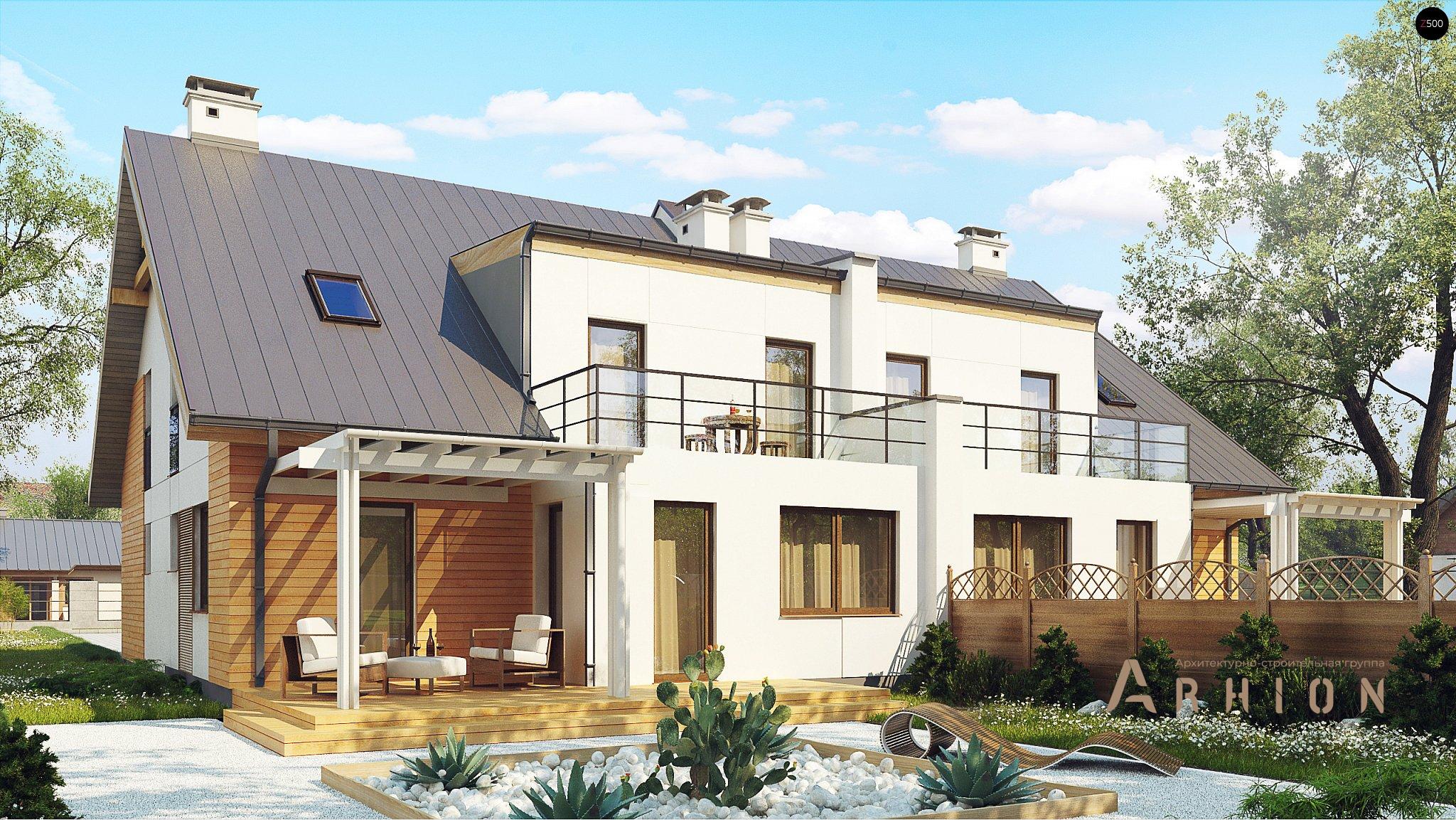 2. Проект одноэтажного дома в современном стиле с двускатной кровлей, Zb11, площадью - 368 кв c мансардой, терассой, балконом, гаражом