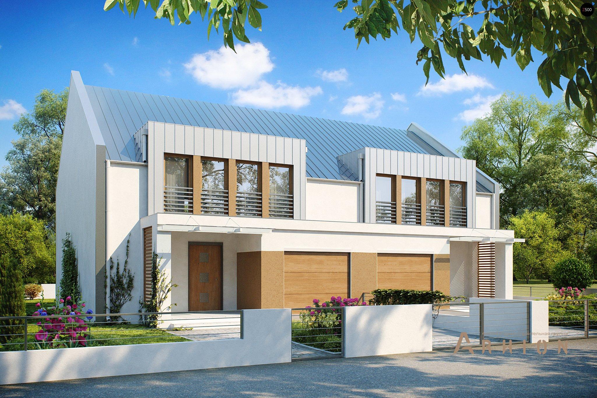 1. Проект одноэтажного дома в современном стиле с двускатной кровлей, Zb5, площадью - 312 кв c мансардой, терассой, балконом, гаражом, эркером