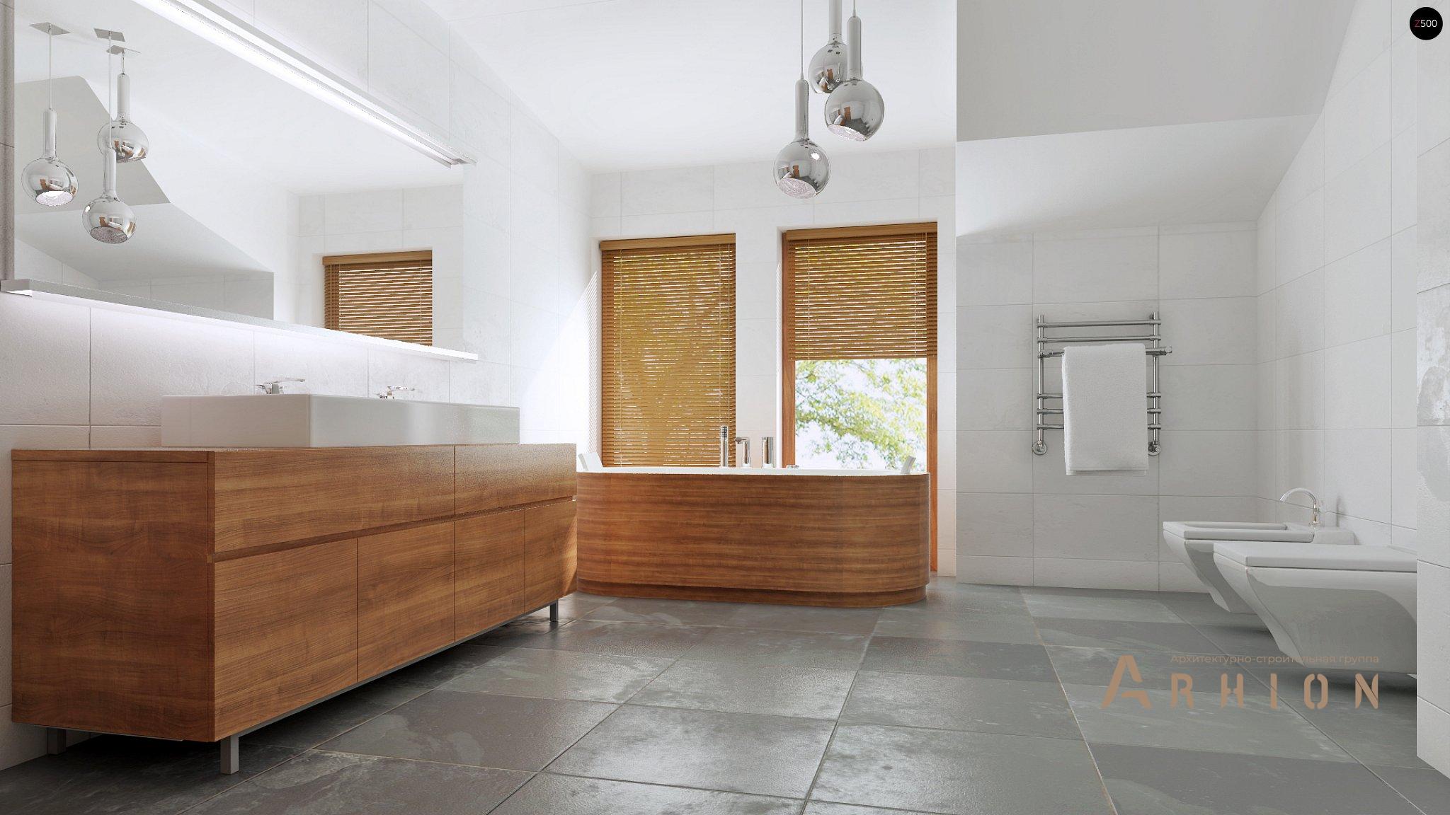 10. Проект одноэтажного дома в современном стиле с двускатной кровлей, Zb5, площадью - 312 кв c мансардой, терассой, балконом, гаражом, эркером