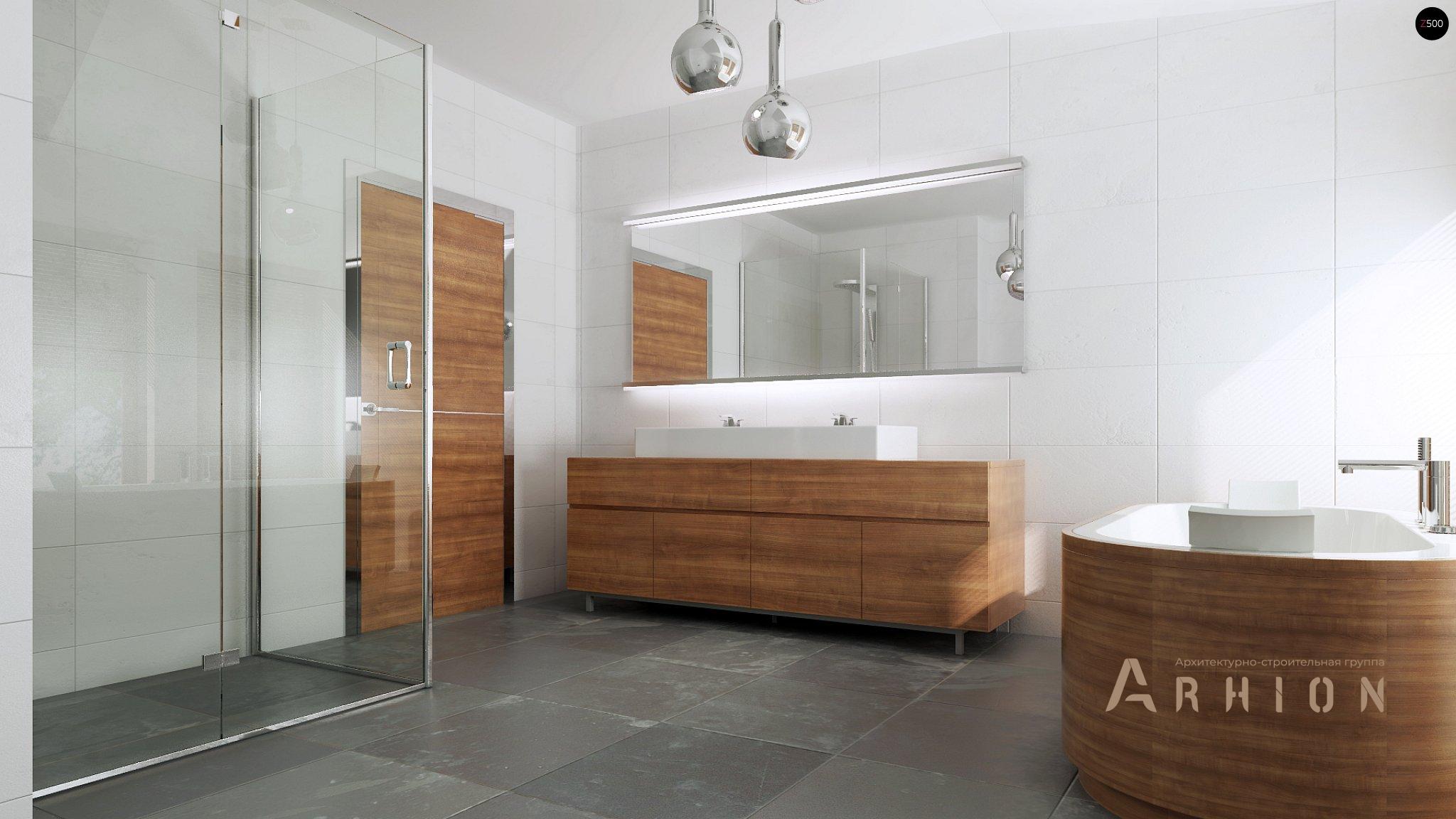 11. Проект одноэтажного дома в современном стиле с двускатной кровлей, Zb5, площадью - 312 кв c мансардой, терассой, балконом, гаражом, эркером