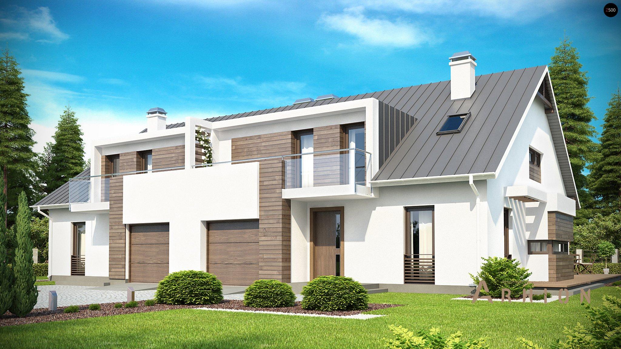 1. Проект одноэтажного дома в современном стиле с двускатной кровлей, Zb6, площадью - 436 кв c мансардой, терассой, балконом, гаражом, эркером