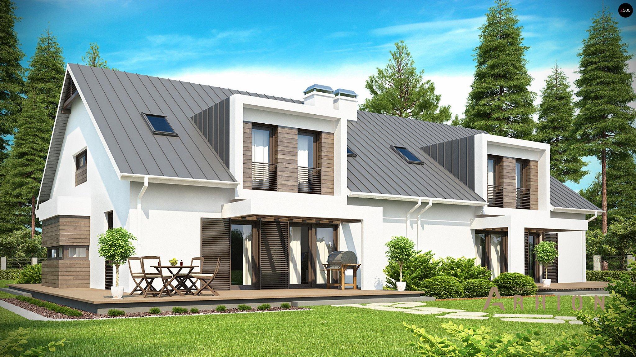 2. Проект одноэтажного дома в современном стиле с двускатной кровлей, Zb6, площадью - 436 кв c мансардой, терассой, балконом, гаражом, эркером