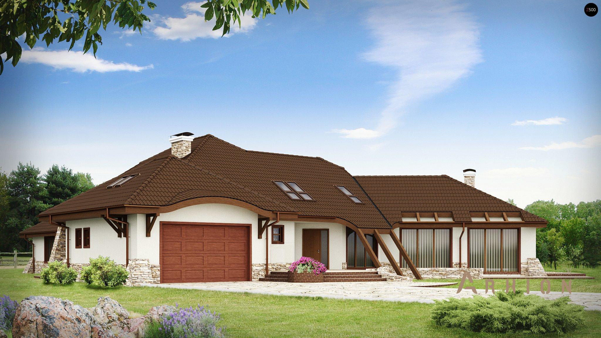 1. Проект одноэтажного дома в современном стиле с многоскатной кровлей, Zr1, площадью - 509 кв c мансардой, терассой, балконом, гаражом