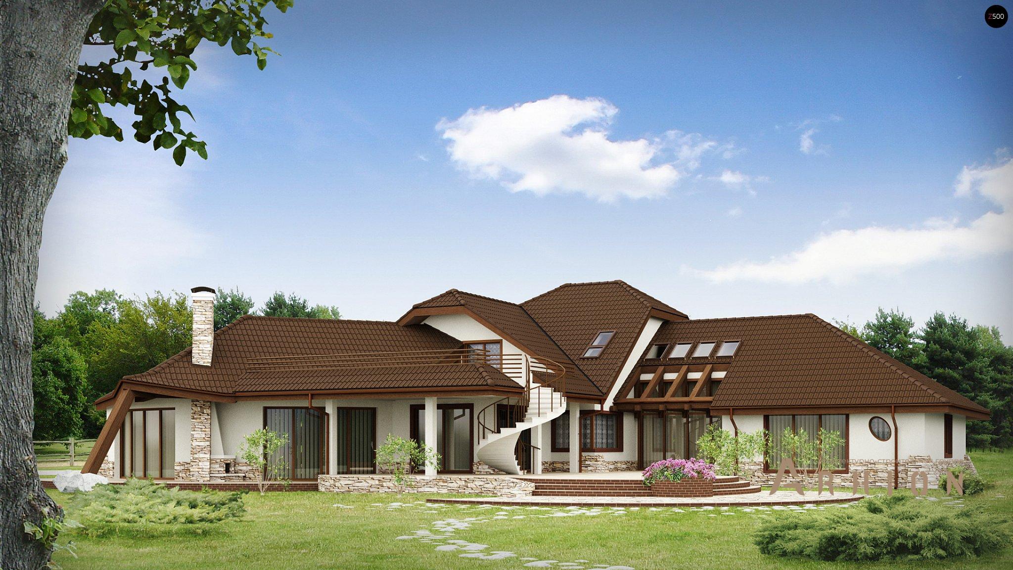 12. Проект одноэтажного дома в современном стиле с многоскатной кровлей, Zr1, площадью - 509 кв c мансардой, терассой, балконом, гаражом