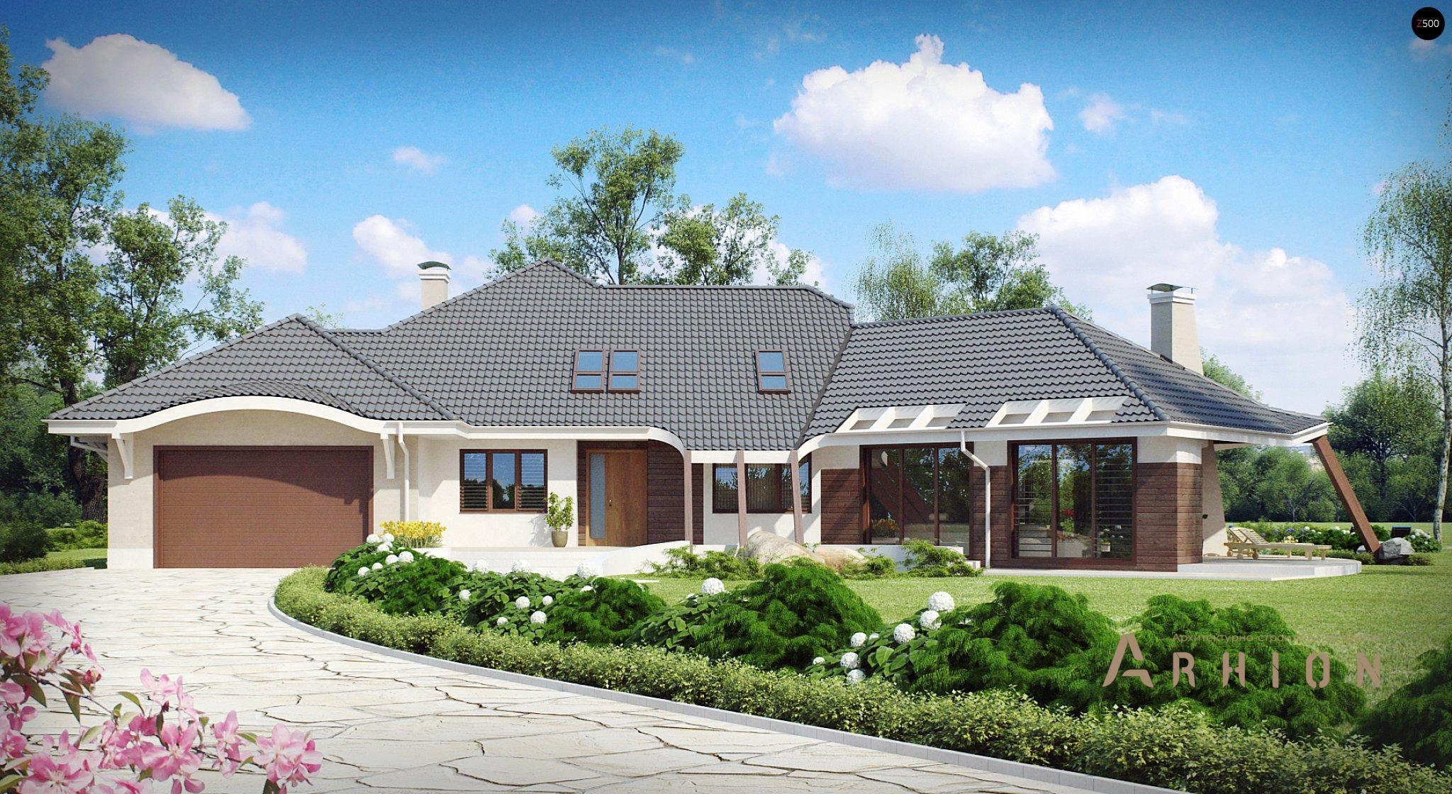 13. Проект одноэтажного дома в современном стиле с многоскатной кровлей, Zr1, площадью - 509 кв c мансардой, терассой, балконом, гаражом