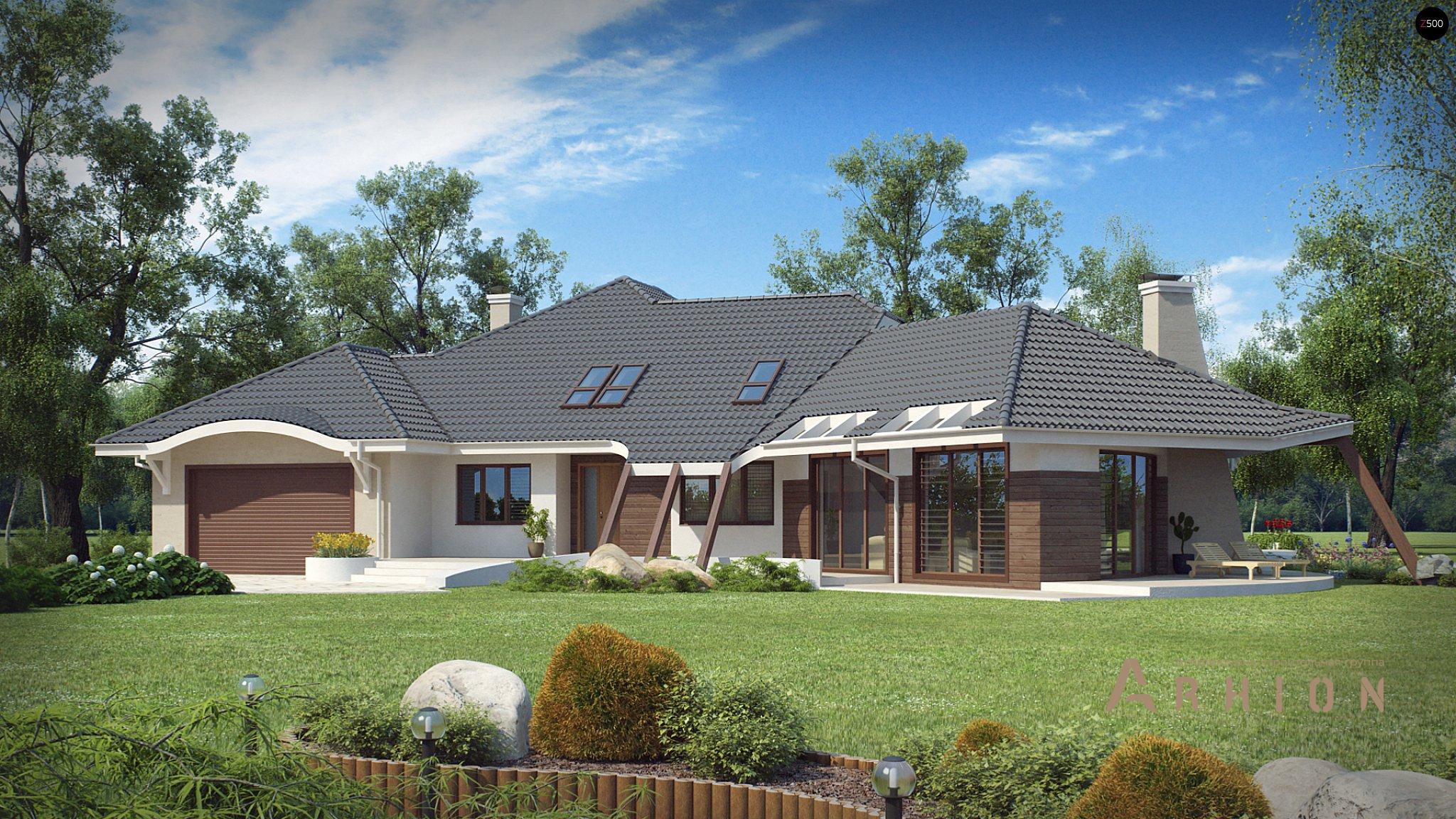 14. Проект одноэтажного дома в современном стиле с многоскатной кровлей, Zr1, площадью - 509 кв c мансардой, терассой, балконом, гаражом