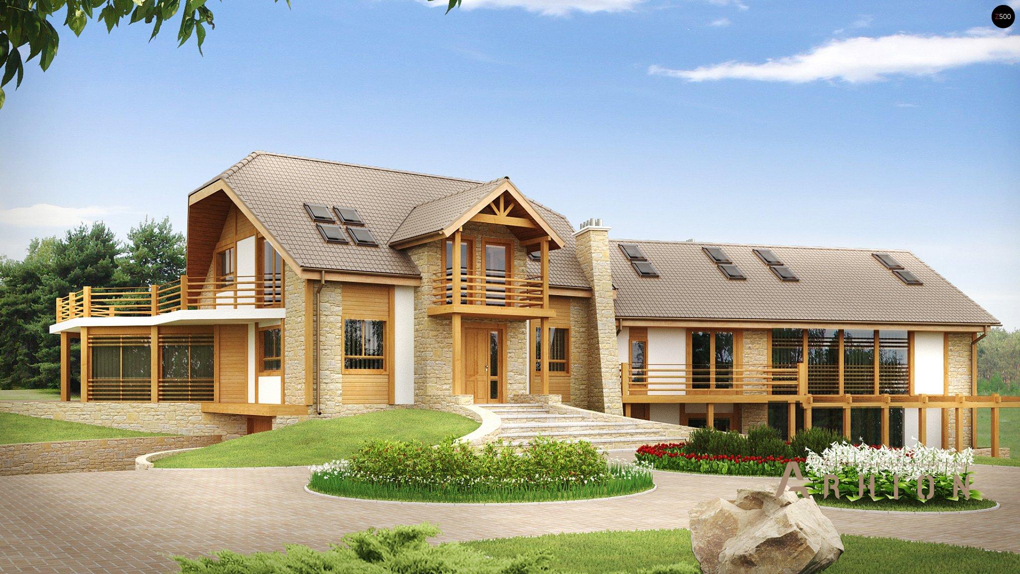 1. Проект одноэтажного дома в немецком стиле с двускатной кровлей, Zr2, площадью - 678 кв c цокольным этажом, мансардой, терассой, балконом, гаражом