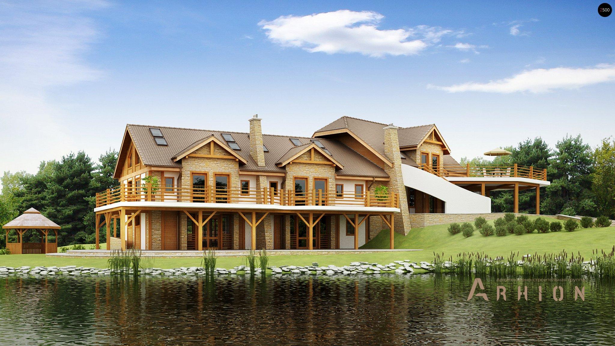 2. Проект одноэтажного дома в немецком стиле с двускатной кровлей, Zr2, площадью - 678 кв c цокольным этажом, мансардой, терассой, балконом, гаражом