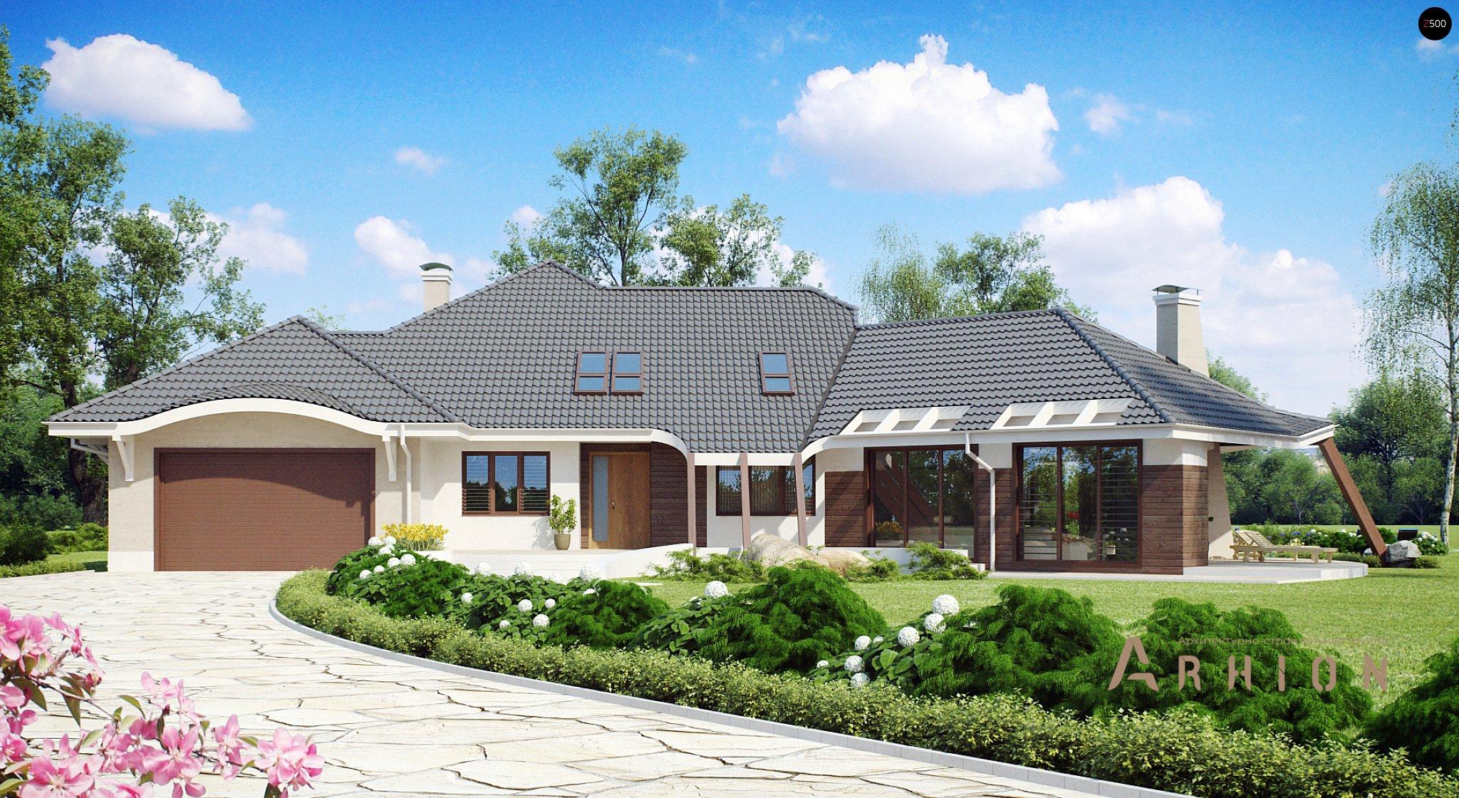 1. Проект одноэтажного дома в современном стиле с многоскатной кровлей, Zr5, площадью - 466 кв c мансардой, терассой, гаражом