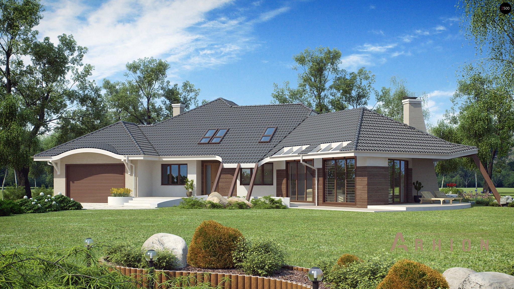 15. Проект одноэтажного дома в современном стиле с многоскатной кровлей, Zr5, площадью - 466 кв c мансардой, терассой, гаражом